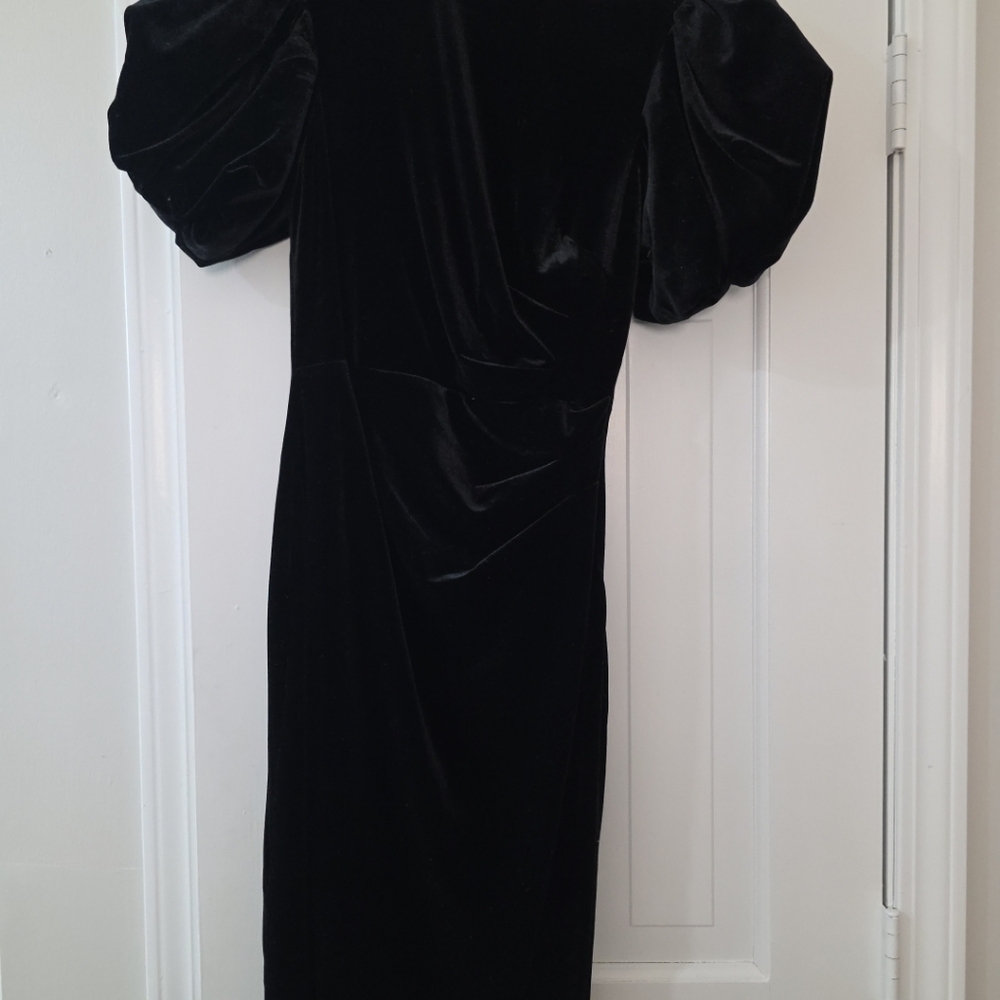 Eliza J Jeweled Neck Black Velvet Puffer Sleeve Dress Size 4 - Picture 6 of 10